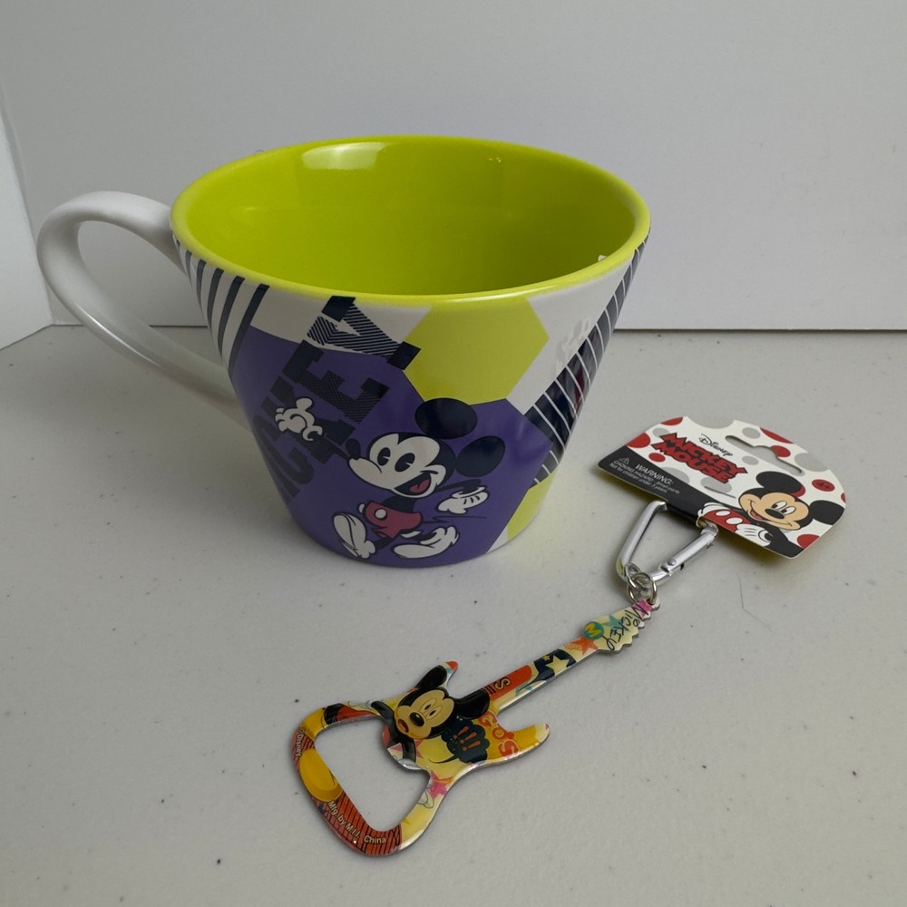 Disney Mickey Mouse Mug and Guitar Bottle Opener Keyring Set Retired New
